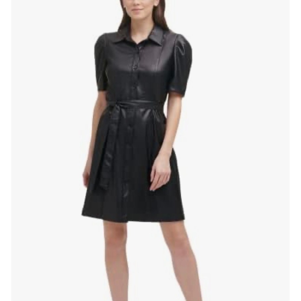 DKNY Faux Leather Shirt Dress Womens 12 Black Edgy‎ Puff Sleeve Mini Belted NWT